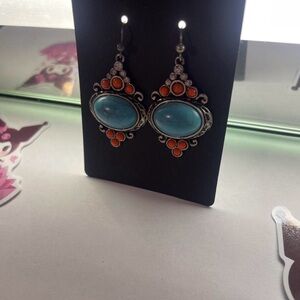 Elegant vintage premier designs blue & orange stone w rhinestone dangle earring